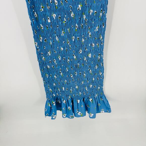 Never Fully Dressed Blue Smocked Puff Sleeve Midi Dress Floral Ruffle Hem 12 - Picture 5 of 10